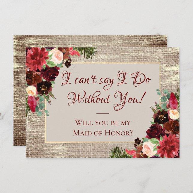 Invitación Partido de Novias de Oro Rústico Boho Borgoña navi (Anverso / Reverso)