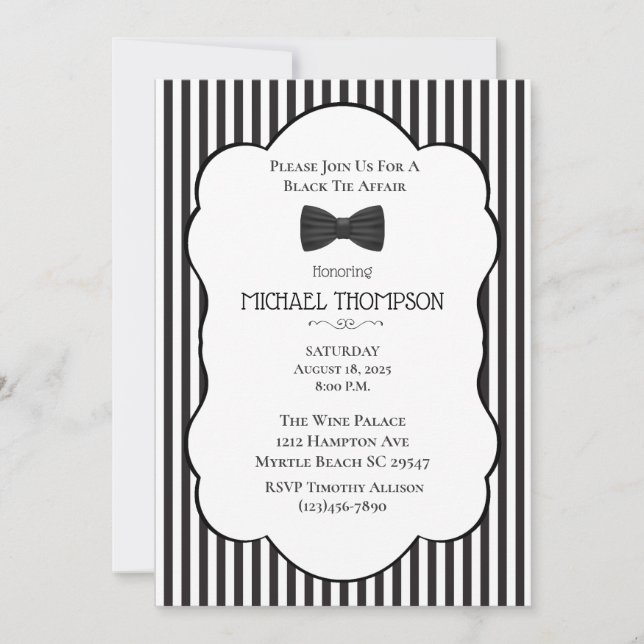 Invitación Partido de soltero para el tema del boda Black Tie (Anverso)