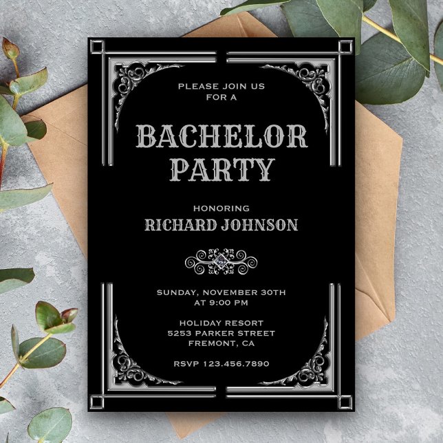 Invitación Partido de solteros Black Silver Art Deco (Subido por el creador)
