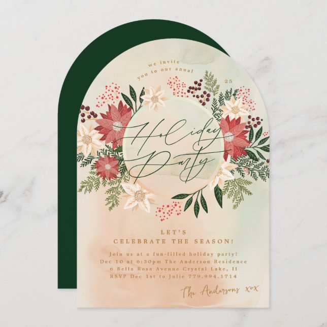 Invitación Partido de vacaciones clásico Poinsettia Wreath Ar (Anverso / Reverso)