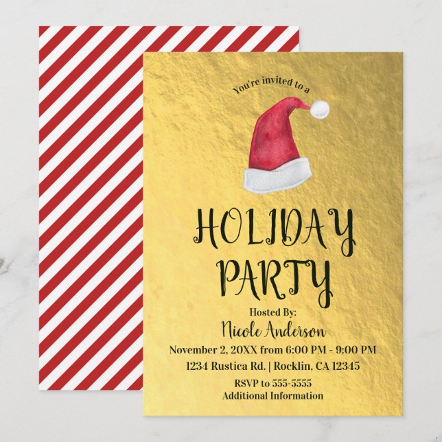 Invitación Partido de vacaciones de Navidades de oro brillant (Anverso / Reverso)