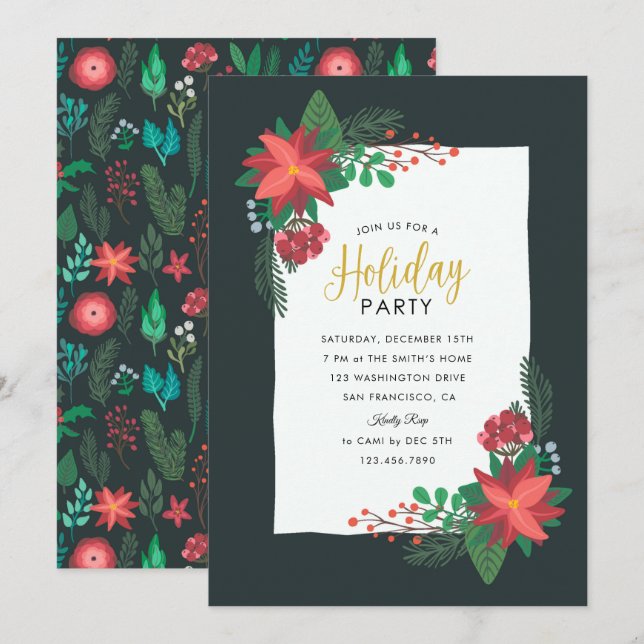 Invitación Partido de vacaciones de Poinsettia (Anverso / Reverso)