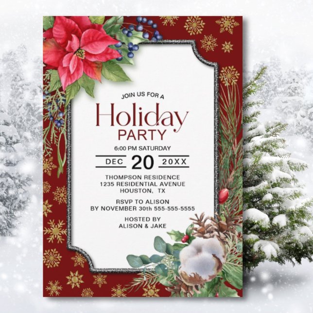 Invitación Partido de vacaciones de Snowflakes en Poinsettia (Subido por el creador)