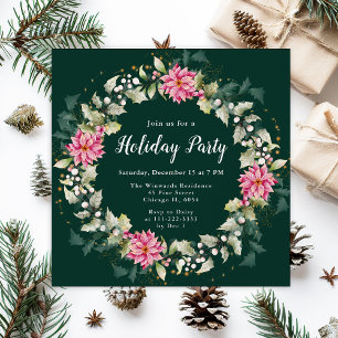 Invitación Partido de vacaciones de Wreath de Poinsettia Rosa