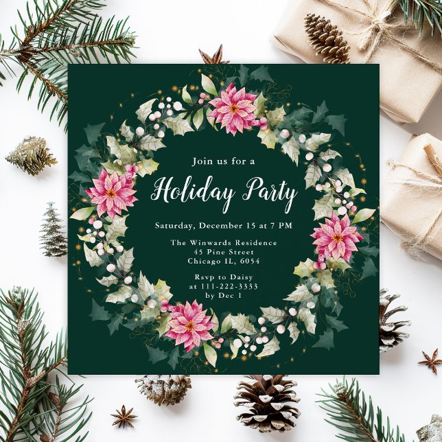 Invitación Partido de vacaciones de Wreath de Poinsettia Rosa (Subido por el creador)