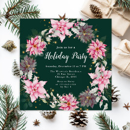 Invitación Partido de vacaciones de Wreath de Poinsettia Rosa