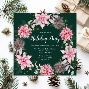 Invitación Partido de vacaciones de Wreath de Poinsettia Rosa