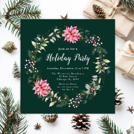 Invitación Partido de vacaciones de Wreath de Poinsettia Rosa