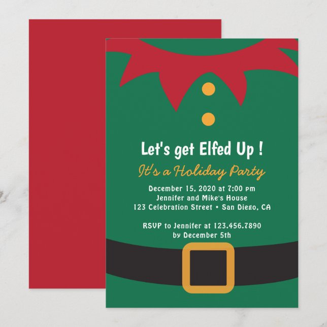 Invitación Partido de vacaciones Elf Suit (Anverso / Reverso)