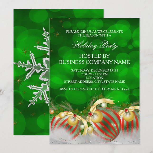 Invitación Partido de vacaciones Green Red Silver Gold Holly  (Anverso / Reverso)