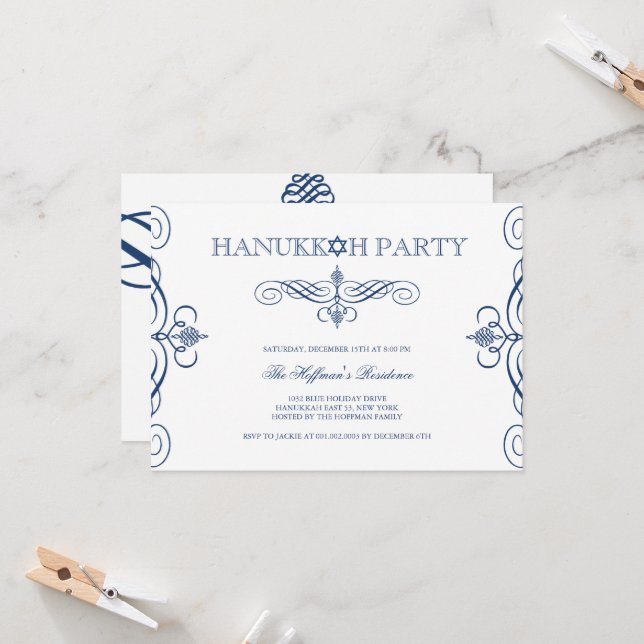 Invitación Partido de vacaciones Hanukkah Blue Scrolls (Anverso/Reverso In Situ)