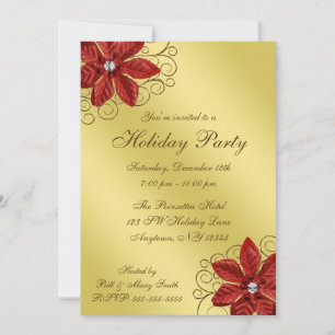 Invitación Partido de vacaciones Red Poinsettia Gold Swirls