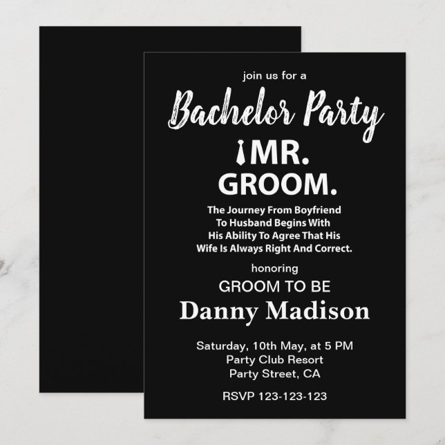 Invitación Partido del bachiller de Groom (Anverso / Reverso)