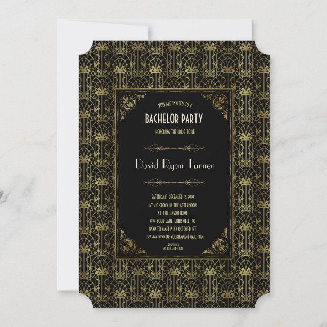 Invitación Partido del bachiller | Negro de oro Art Deco de l (Anverso)