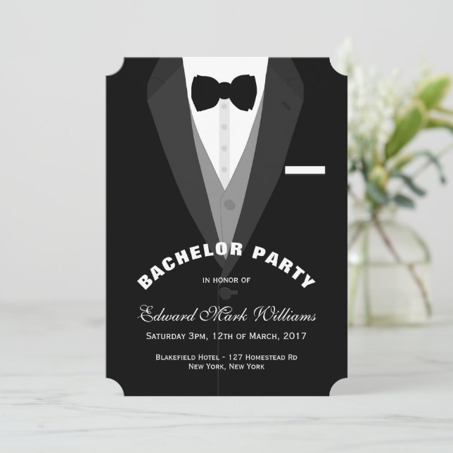 Invitación Partido del bachillerato del tuxedo negro (Anverso de pie)