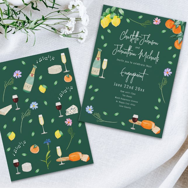 Invitación Partido del Boho Wine and Cheese Engagement (Boho chic wine and cheese watercolor floral Wedding engagement party dark green invitation )