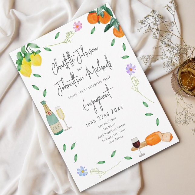 Invitación Partido del Boho Wine and Cheese Engagement (Boho chic wine and cheese watercolor floral Wedding engagement party invitation )