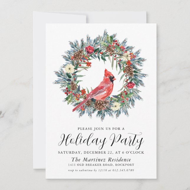 Invitación Partido del Cardenal Rojo Wreath Holiday (Anverso)