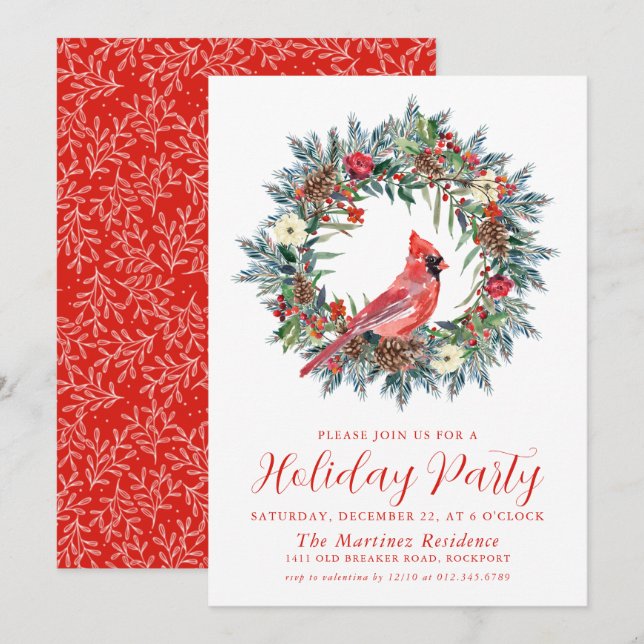 Invitación Partido del Cardenal Rojo Wreath Holiday (Anverso / Reverso)