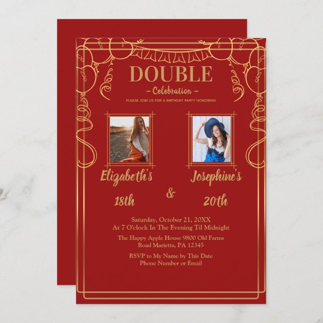 Invitación Partido del Cumpleaños Conjunto de Adultos Rojos 2 (Anverso / Reverso)