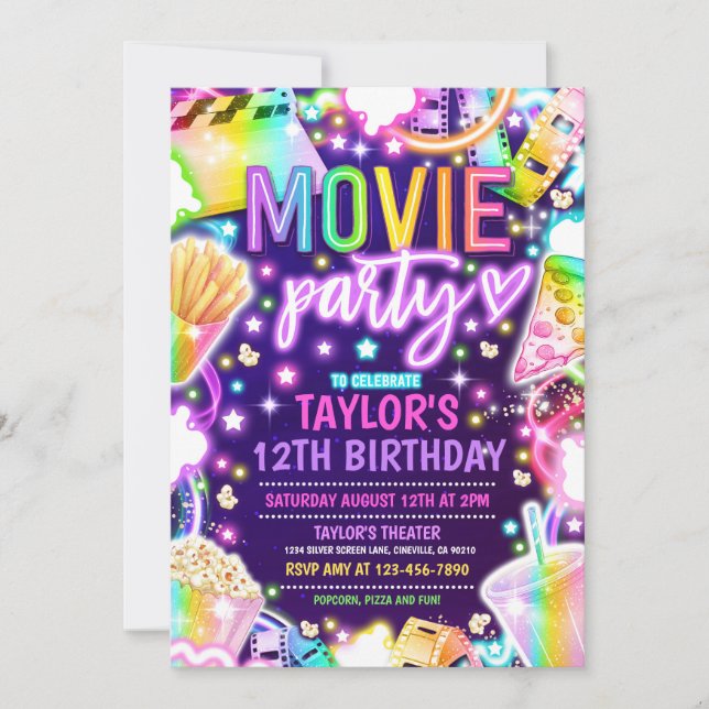 Invitación Partido del cumpleaños de la película Neon Rainbow (Anverso)
