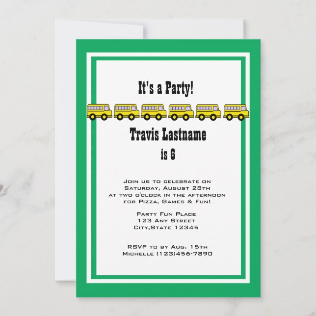 Invitación Partido del Cumpleaños de los Autobuses Escolares (Anverso)
