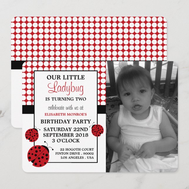 Invitación Partido del cumpleaños de los niños de Red Ladybug (Anverso / Reverso)
