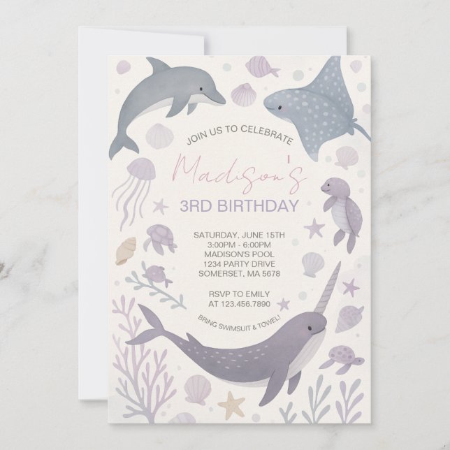 Invitación Partido del Cumpleaños del chica Bajo el Mar (Anverso)