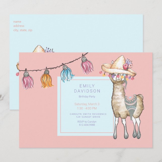 Invitación Partido del Cumpleaños del Chica Boho Llama (Anverso / Reverso)