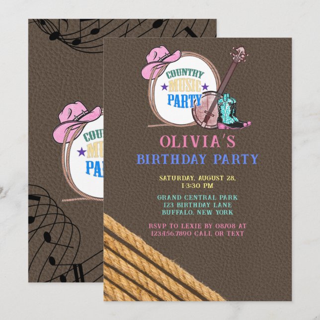 Invitación Partido del cumpleaños del Chica de música country (Anverso / Reverso)