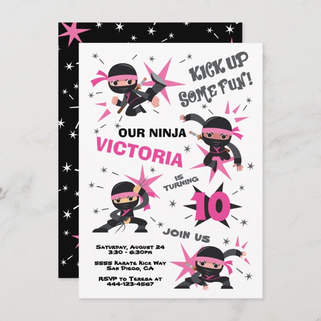 Invitación Partido del Cumpleaños del Chica Ninja Karate (Anverso / Reverso)