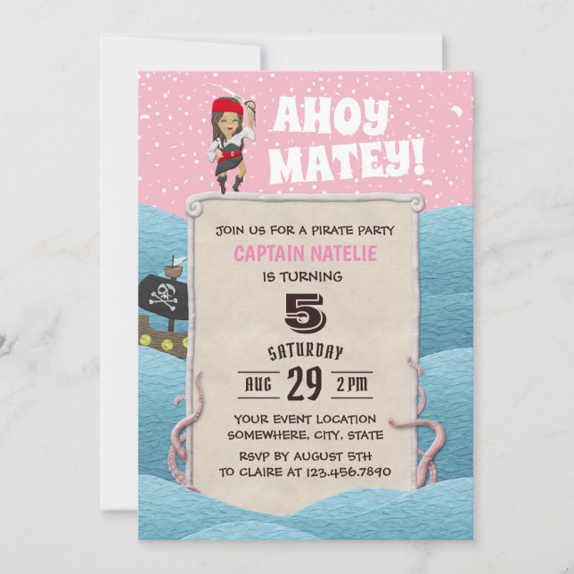 Invitación Partido del Cumpleaños del Chica Pirata Octopus Ah (Anverso)