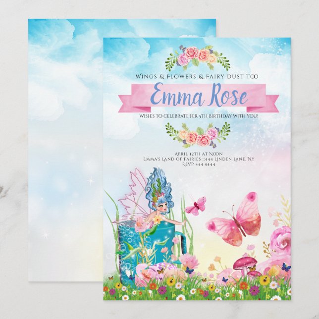 Invitación Partido del Cumpleaños del Hada Magnífico (Anverso / Reverso)