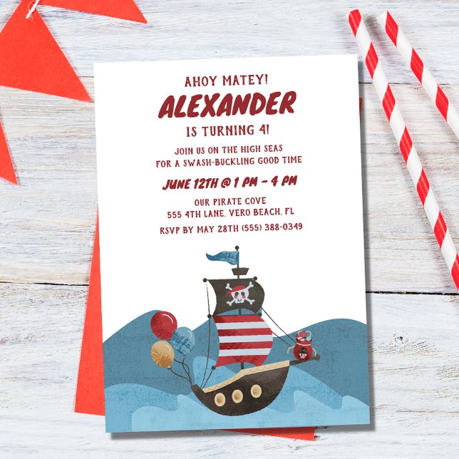 Invitación Partido del cumpleaños del niño Nautical Ahoy (Pirate Ship Nautical Ahoy Boy Birthday Party Invitation
)