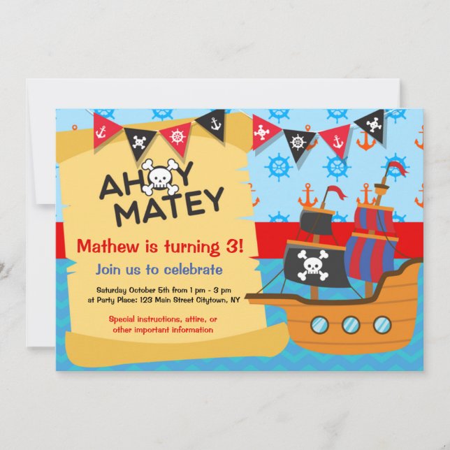 Invitación Partido del Cumpleaños del Pirata, Ahoy Matey (Anverso)