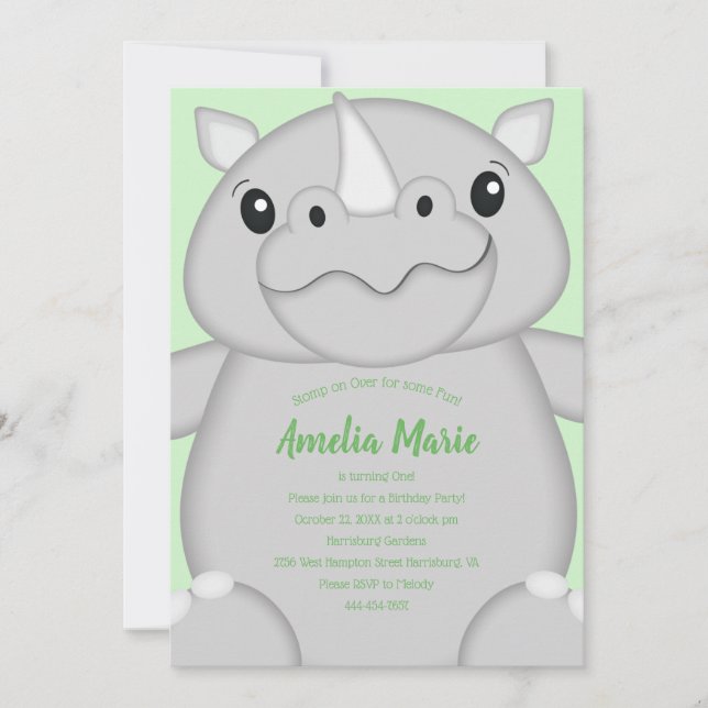 Invitación Partido del Cumpleaños del Rinoceronte Verde (Anverso)