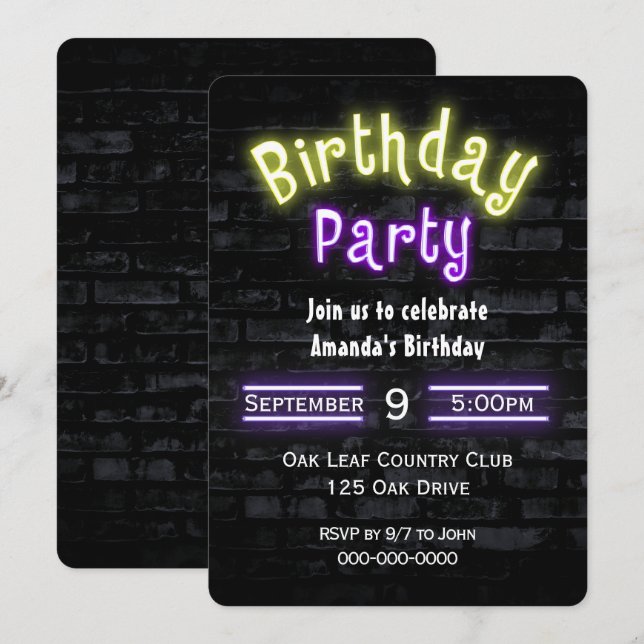 Invitación Partido del Cumpleaños Neon Rótulo en la pared de  (Anverso / Reverso)