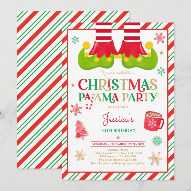Invitación Partido del Cumpleaños Pajama, Navidades De Los El (Anverso / Reverso)