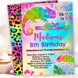 Invitación Partido del Cumpleaños Rainbow Chameleon