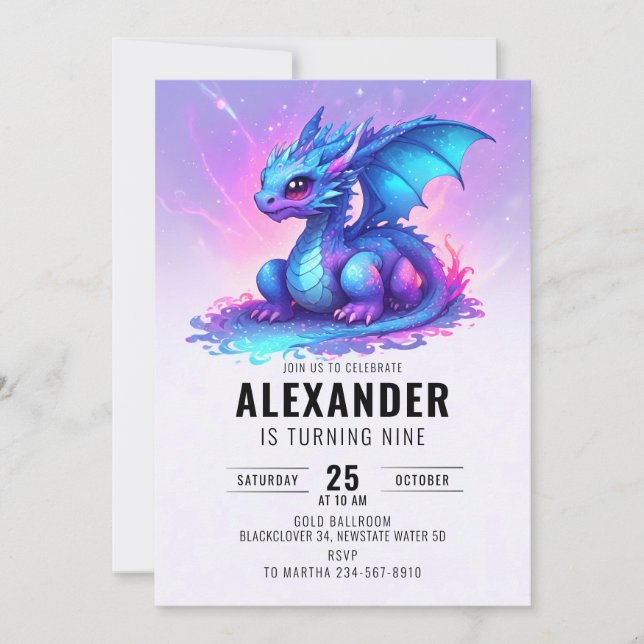 Invitación Partido del Cumpleaños Rosa Azul Dragón (Anverso)
