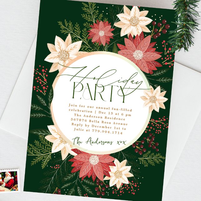 Invitación Partido del feriado verde Poinsettia Wreath Splend (Subido por el creador)