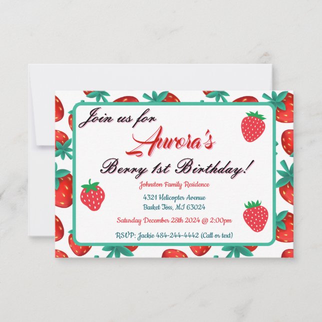 Invitación Partido del Primer Cumpleaños de la Fresa Roja (Anverso)
