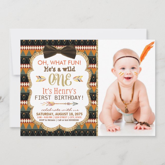 Invitación Partido del Primer Cumpleaños de la Tribal Boho (Anverso)
