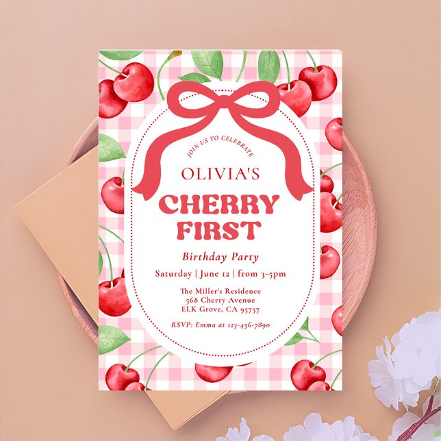 Invitación Partido del primer cumpleaños de Red Coquette Bow  (Subido por el creador)