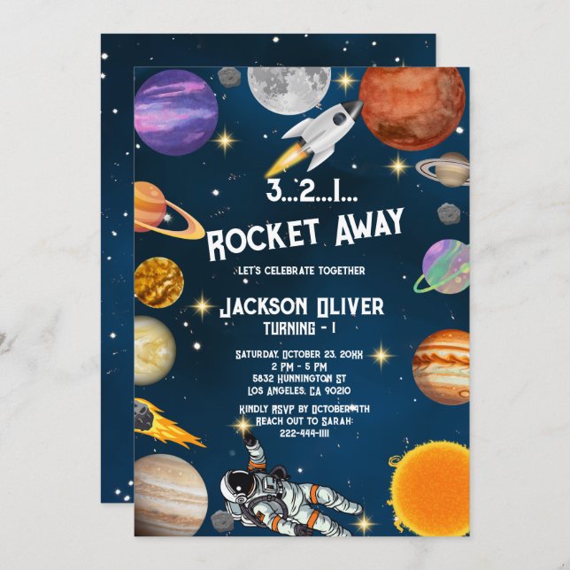 Invitación Partido del Primer Cumpleaños del Astronauta Espac (Anverso / Reverso)