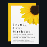Invitación Partido del Primer Cumpleaños del Girasol Amarillo<br><div class="desc">Gran fiesta de cumpleaños número 20 del girasol amarillo. Celebra la hembra 21 con este gigante y hermoso girasol llena la parte superior derecha y la cabecera es grande abajo en la elegante minúscula con los detalles en la parte inferior. Personaliza fácilmente el texto a tus propios detalles.</div>
