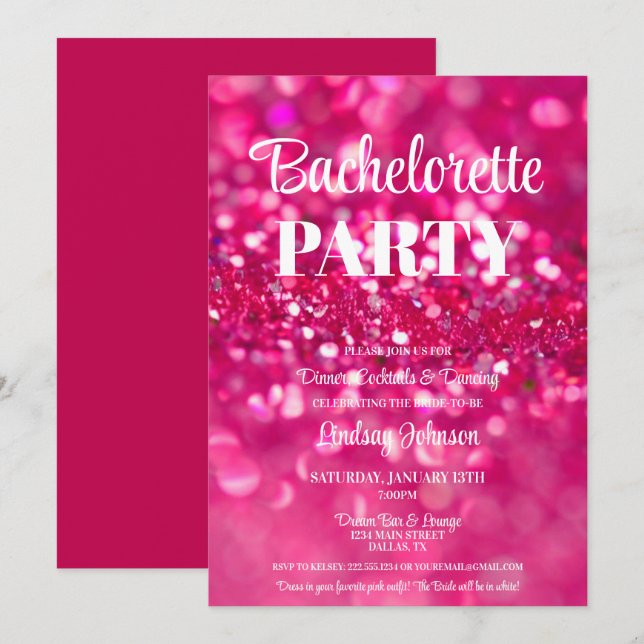 Invitación Partido Glam Bachelorette, Purpurina Rosado Calien (Anverso / Reverso)