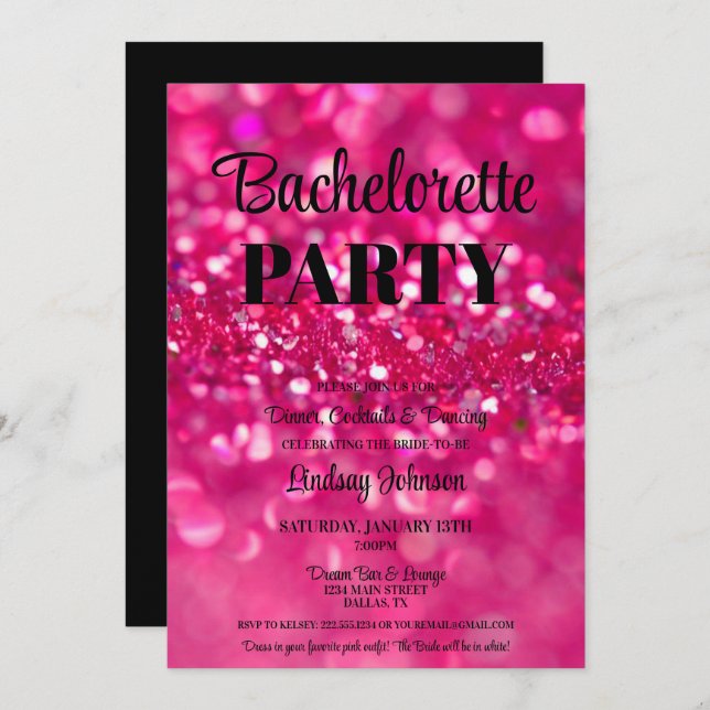 Invitación Partido Glam Bachelorette, Purpurina Rosado Calien (Anverso / Reverso)