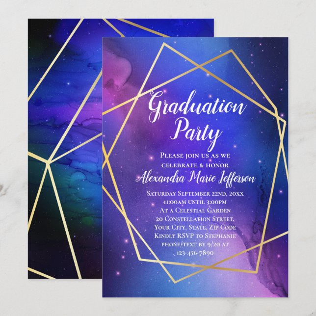 Invitación Partido Graduación de Oro Geométrico Purple Celest (Anverso / Reverso)