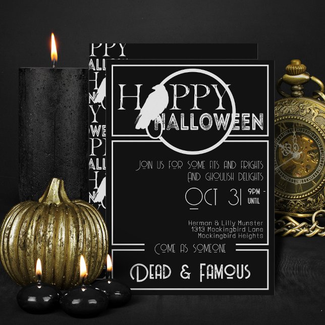 Invitación Partido Halloween Adulto Elegante de Blanco Negro  (Elegant black and white flat halloween invitations)